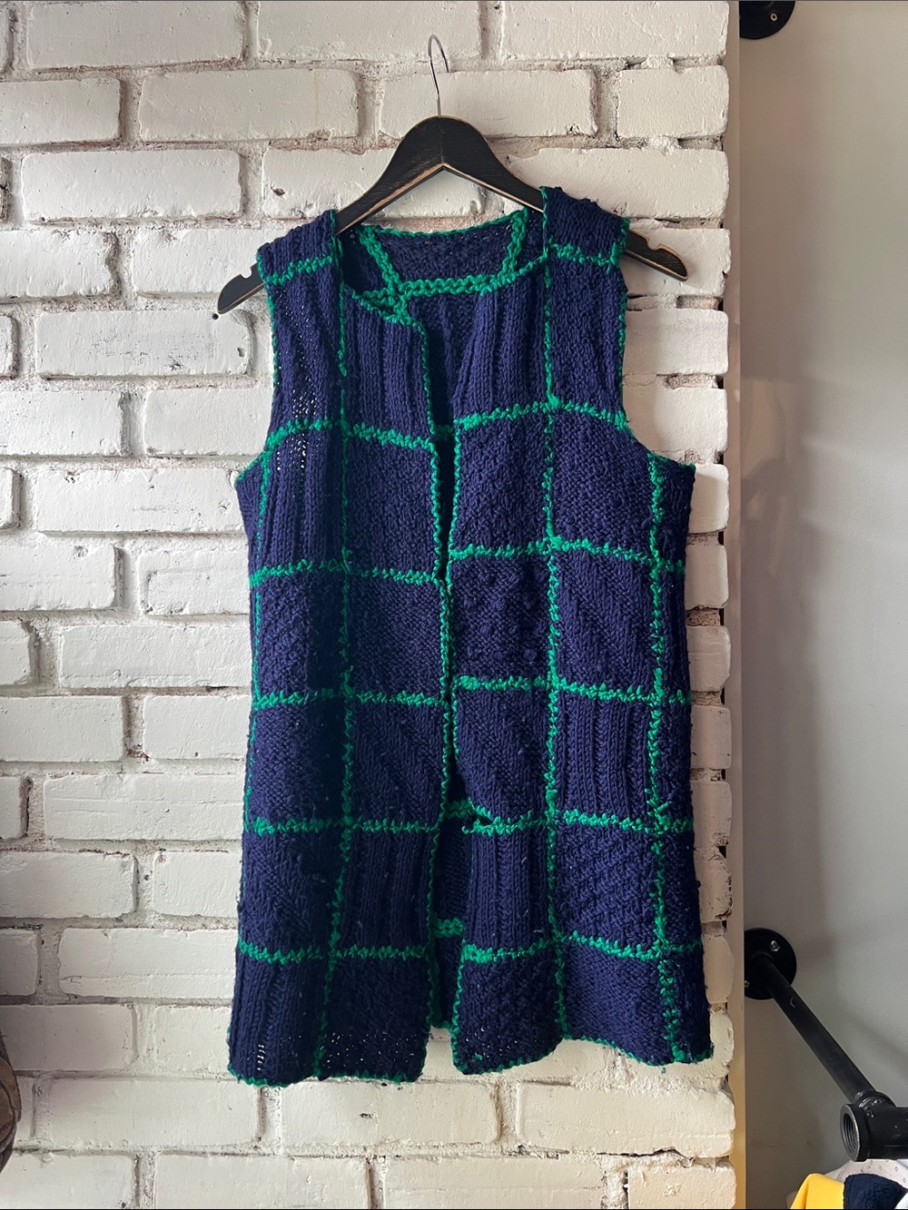 Navy Blue Knit Sleeveless Cardigan with Green Grid hand made slight issue on ves